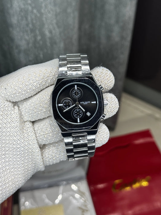 Patek Philippe Silver Black Chronograph Premium Watch