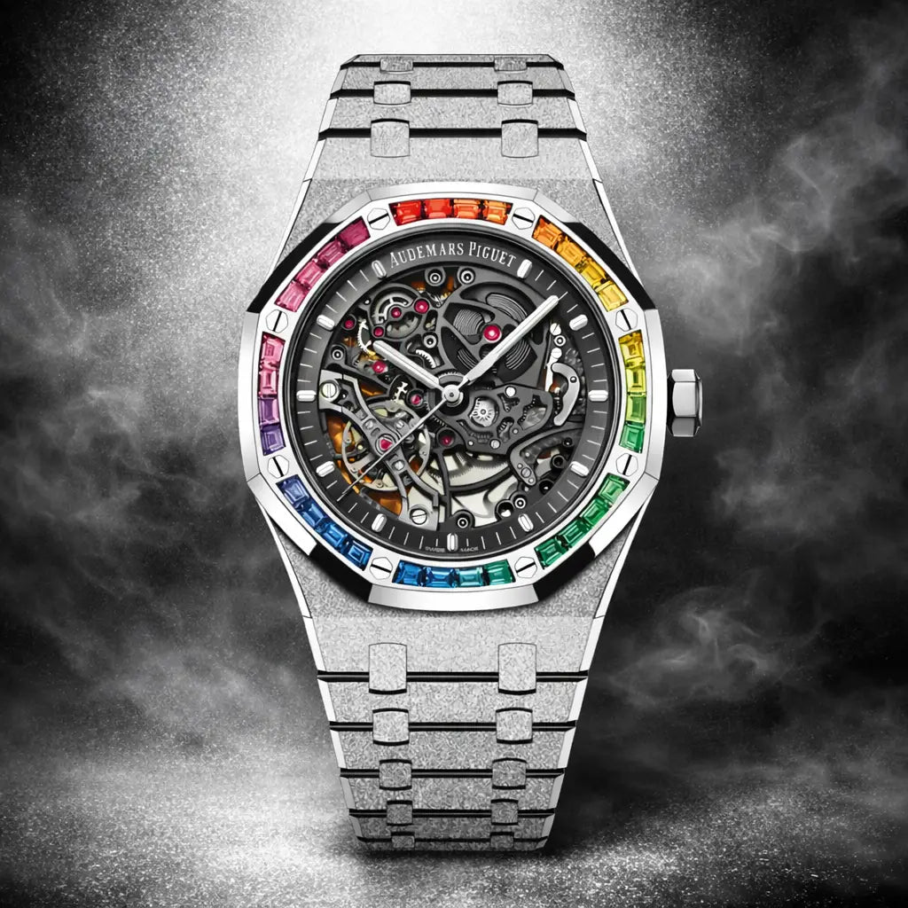 Audemars Piguet Royal Oak Silver Frosted Gold Double Balance Wheel with Rainbow Bezel