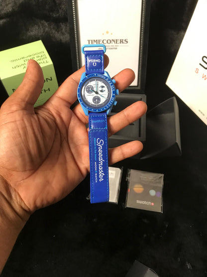 Swatch X Omega Bioceramic Moonswatch Mission To Moon Blue With Kit
